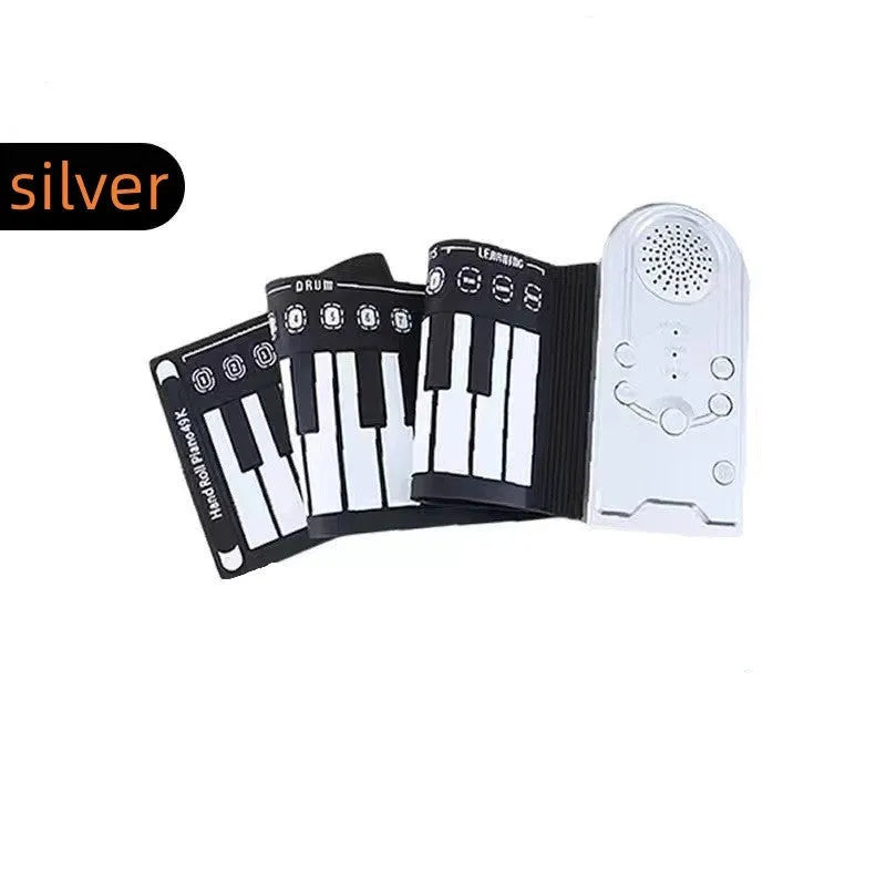 49 key roll up electronic keyboard in glossy black showing flexible silicone piano keys and portable folding design