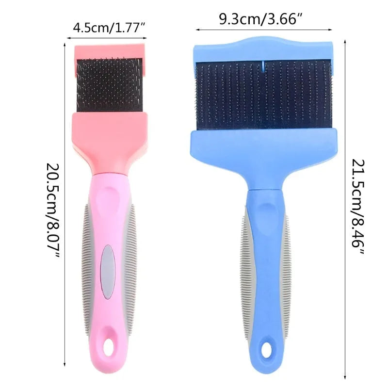 Double-sided pet brush showing stainless steel pins on one side and soft bristles on the other, with blue handle.