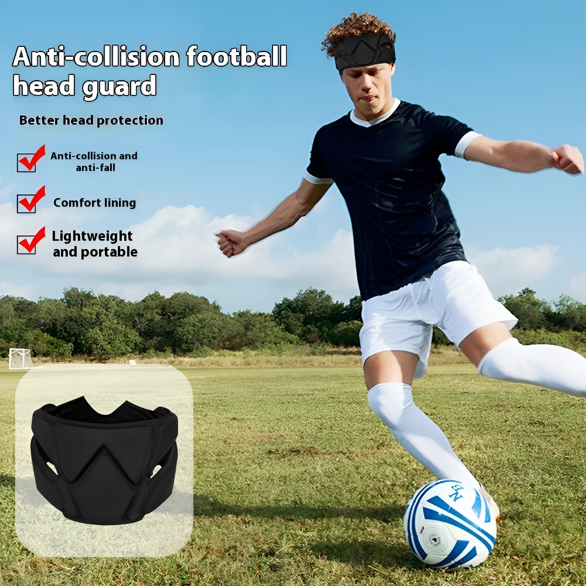 Black goalkeeper head protection belt 28.4x13.2x3.6cm for adult rugby and football