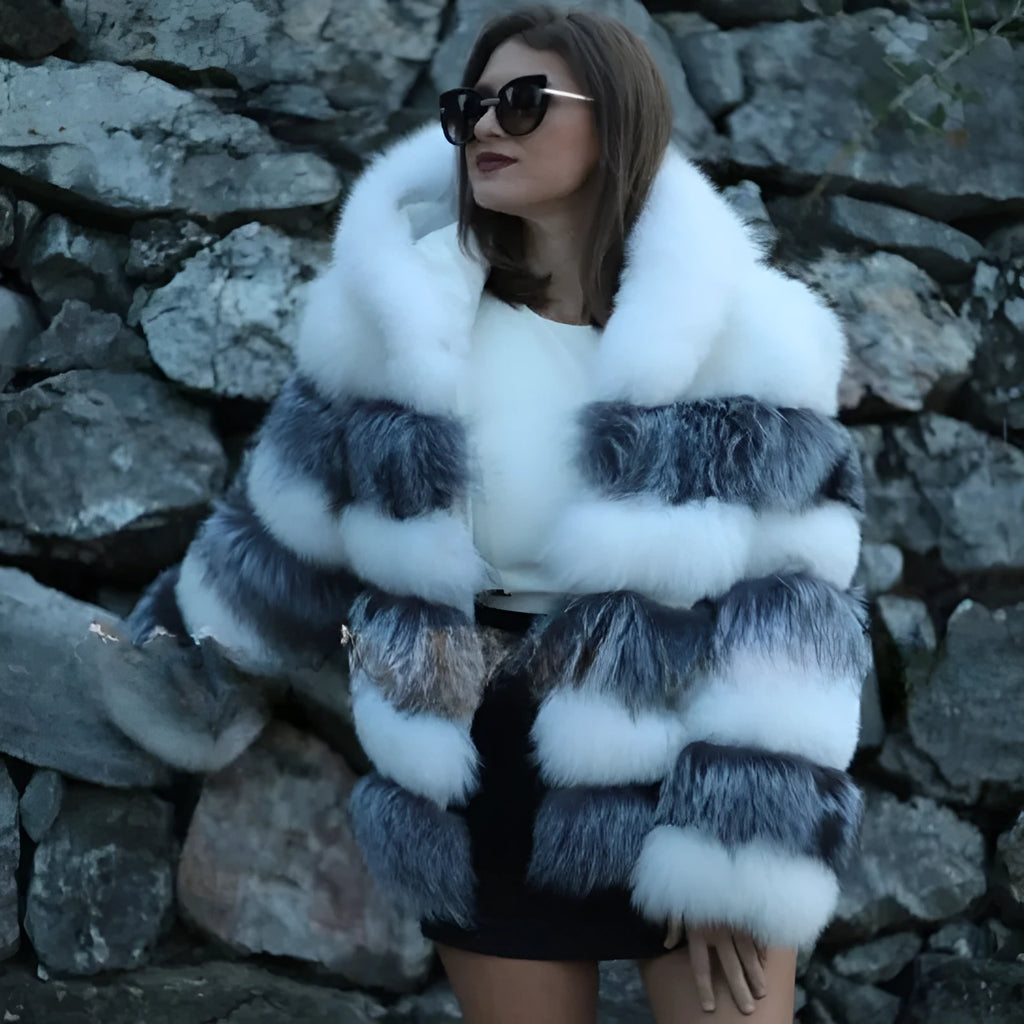 Women's artificial fur hooded coat in street fashion style, shown in brown and white silver fox colour options
