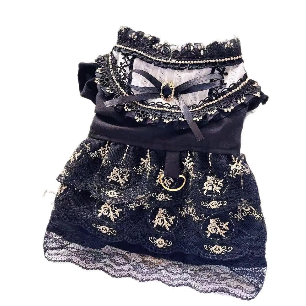 Golden gothic lolita-style skirt costume on a small dog, showing princess design.