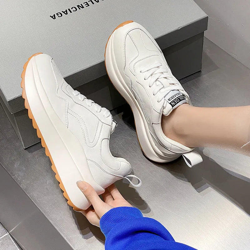 Women's beige cowhide leather casual sports shoes with mesh lining and English muffin heel