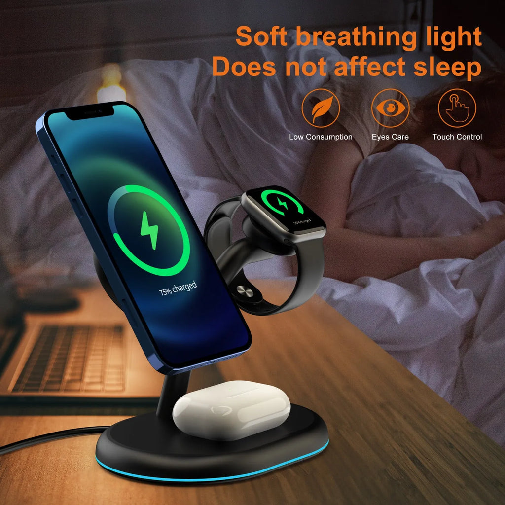 Black three-in-one magnetic wireless charger with 15V output
