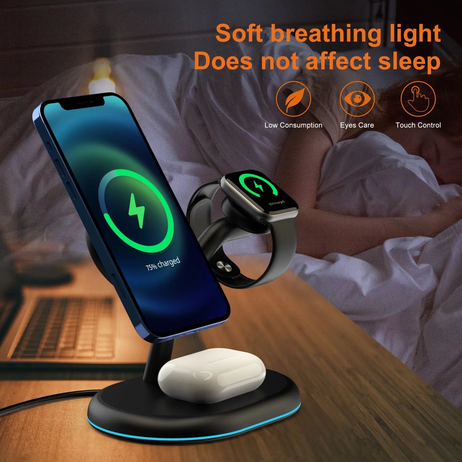 Black three-in-one magnetic wireless charger with 15V output