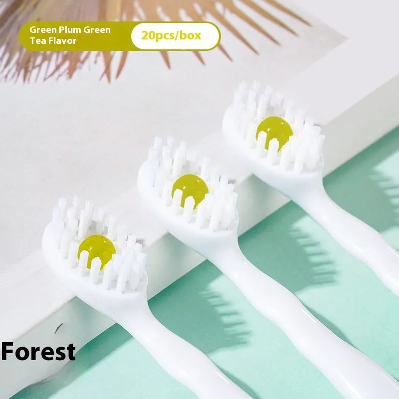 Box of 20 disposable bead travel toothbrushes in mint, peach, plum green tea and mixed flavours.