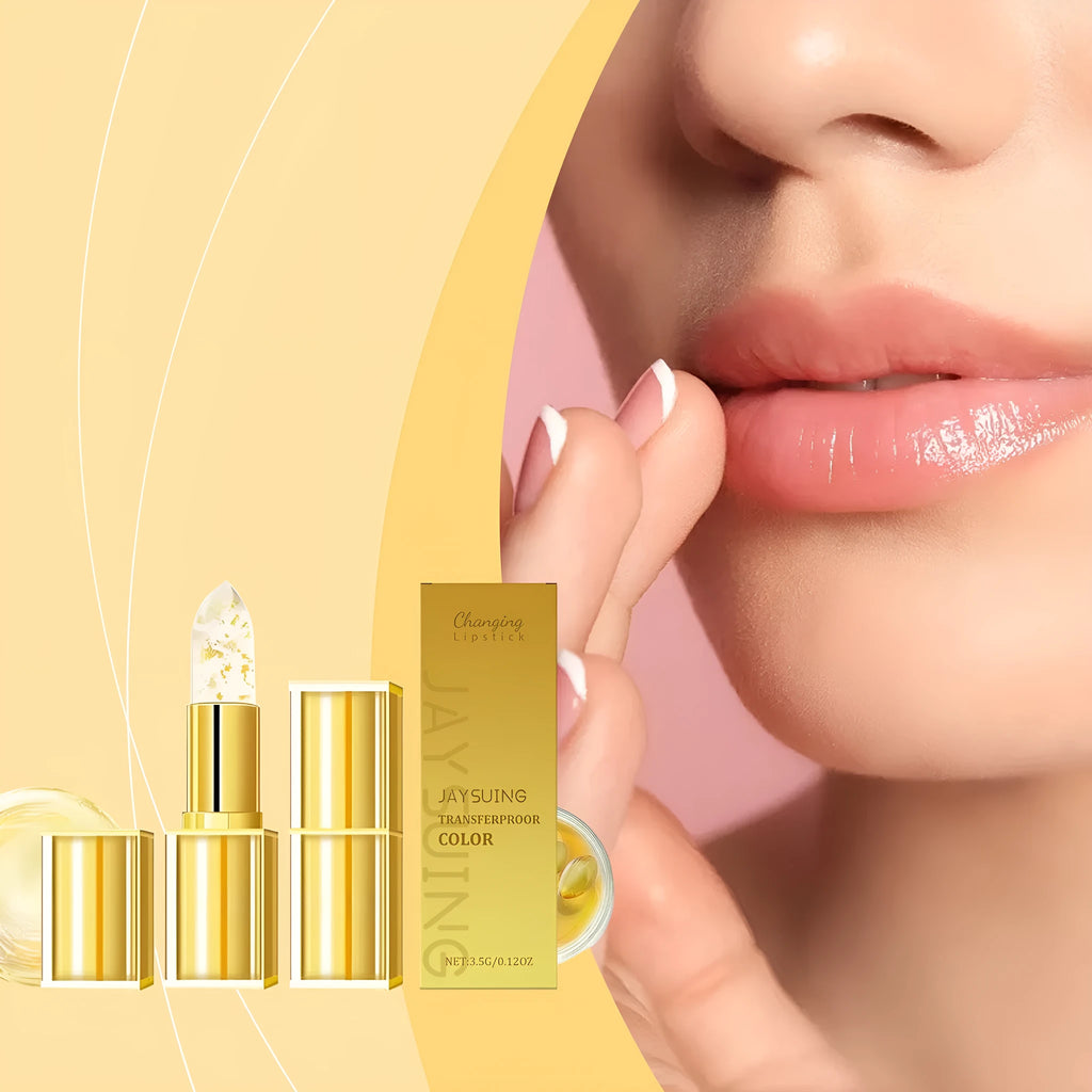 Golden case containing a 3.5g nourishing lipstick with hyaluronic acid and vitamin E.