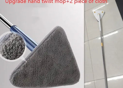 Blue triangle cleaning mop with extendable stainless steel pole and 360-degree rotating head