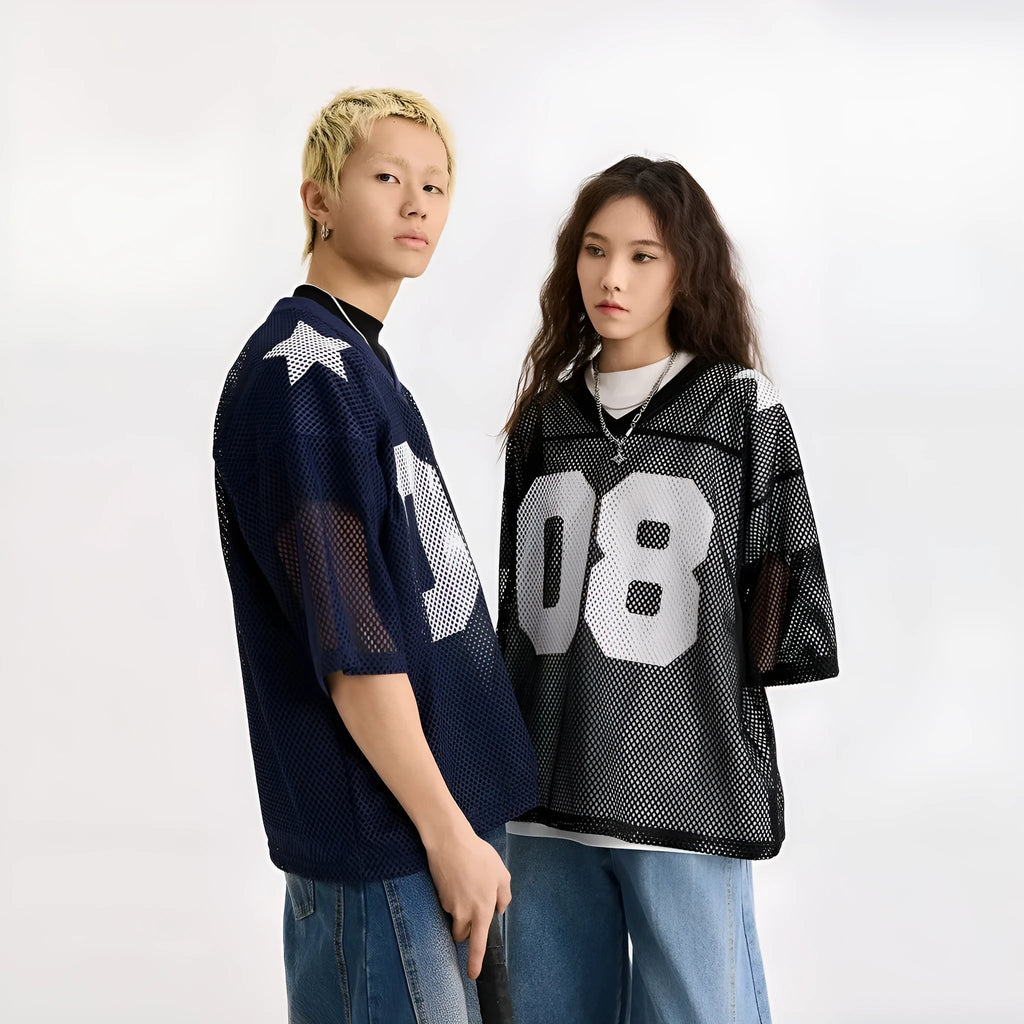 Black loose-fit short sleeve shirt with white letter print pattern, modelled flat