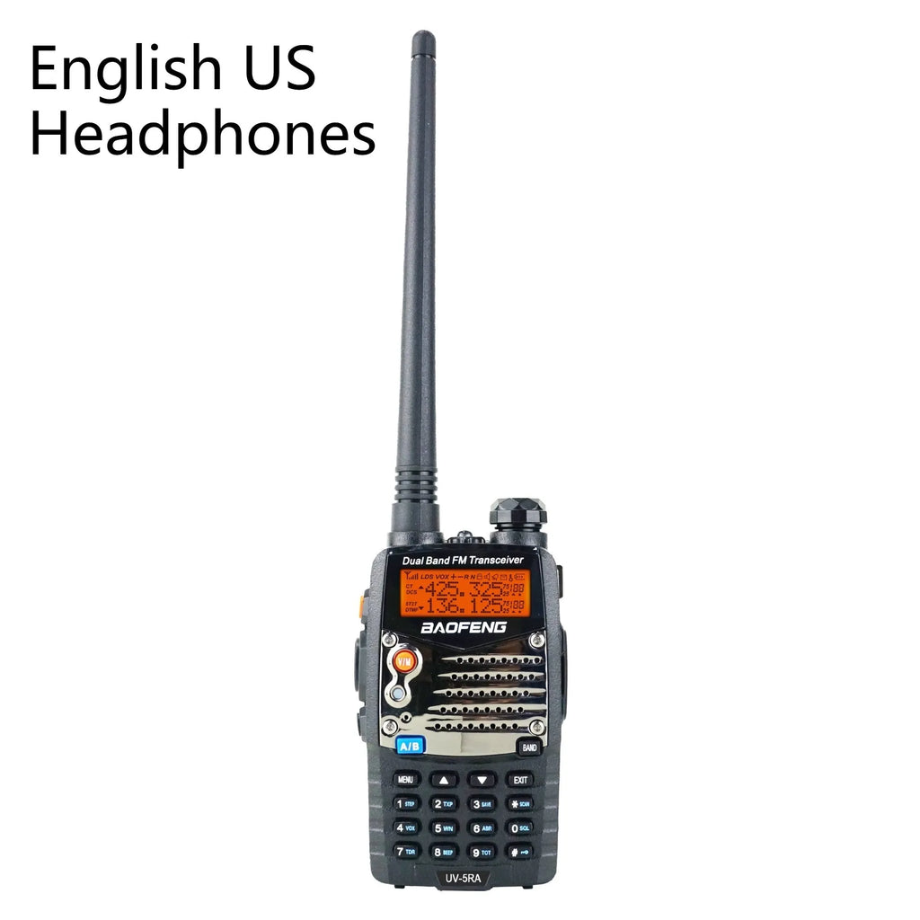 Baofeng UV-5RA handheld dual-band two-way radio showing dual display screen and antenna.
