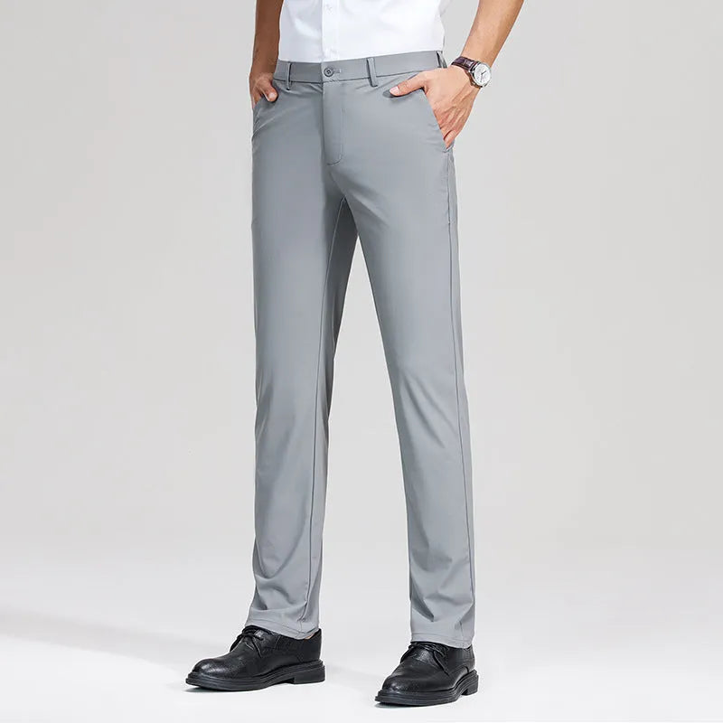 Summer men's ice silk thin straight-leg suit pants in solid colour, cotton nylon non-iron fabric