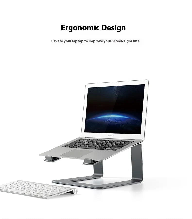 Black aluminium laptop stand on desk supporting silver laptop at improved viewing height