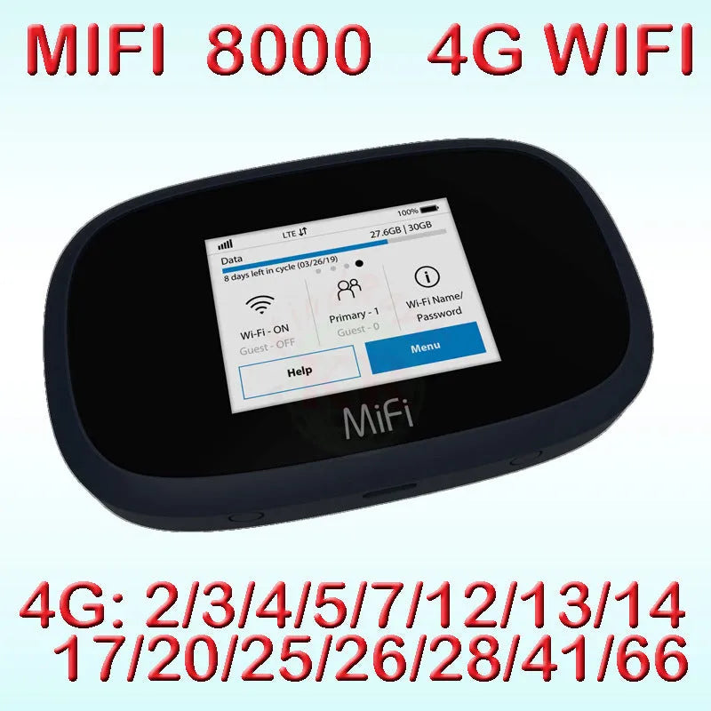 Black MIFI8000 portable 4G wireless router with compact design for mobile internet hotspot.