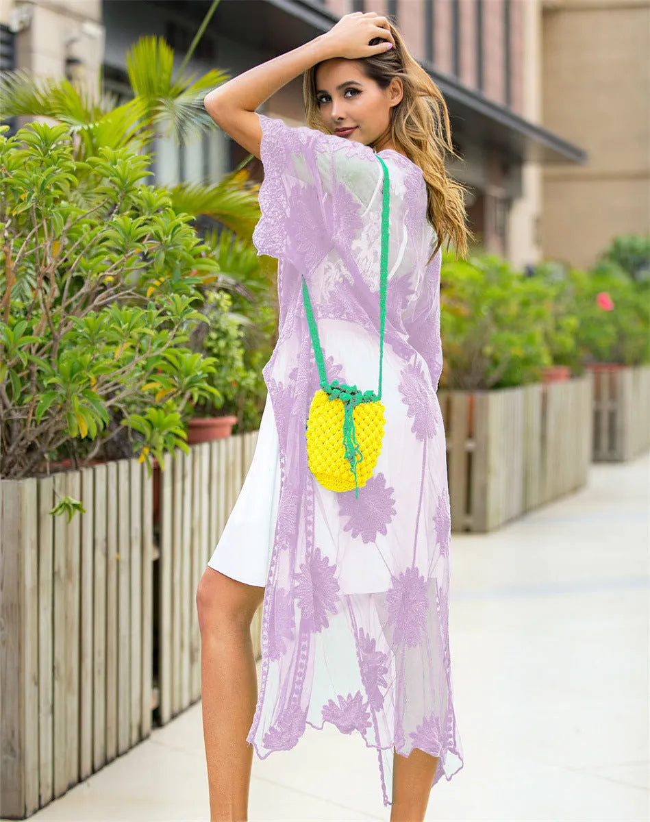 Light purple beach dress with lace embroidery details and cotton blend lining for swimming and beachwear