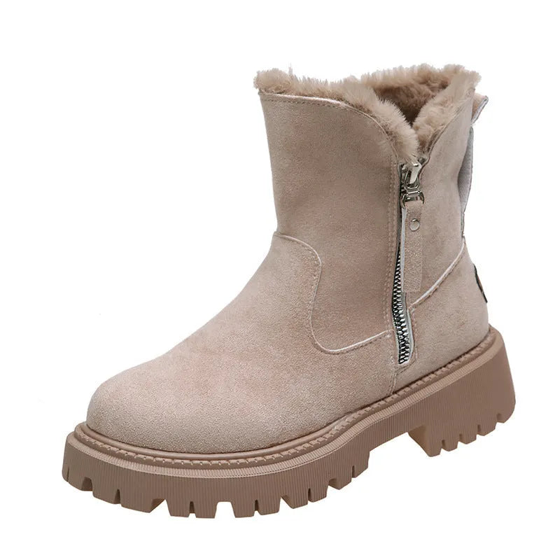 Women's black thick plush high-top snow boots with a side zipper and faux fur lining.