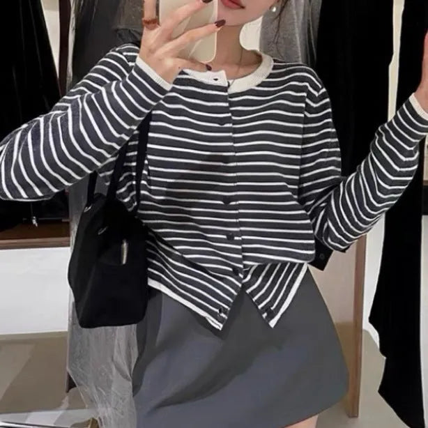 Dark grey and white striped French style women's slim fit cardigan sweater coat