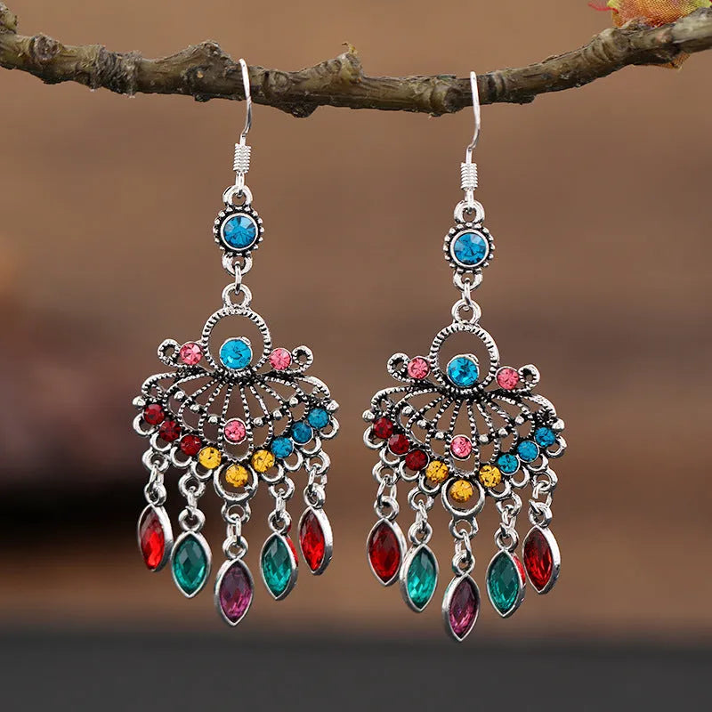 Retro alloy drop earrings with long crystal fringe in Smart Water Drop Purple colour