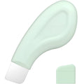 Stainless steel facial blackhead scraper tool with a black silicone non-slip handle.