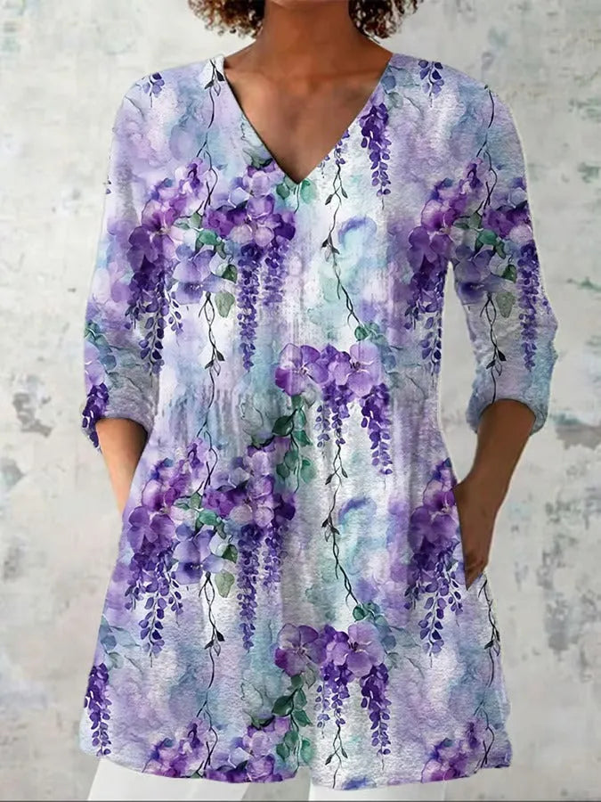 Women's retro slim fit printed long-sleeved polyester top on a hanger, showing digital print design.