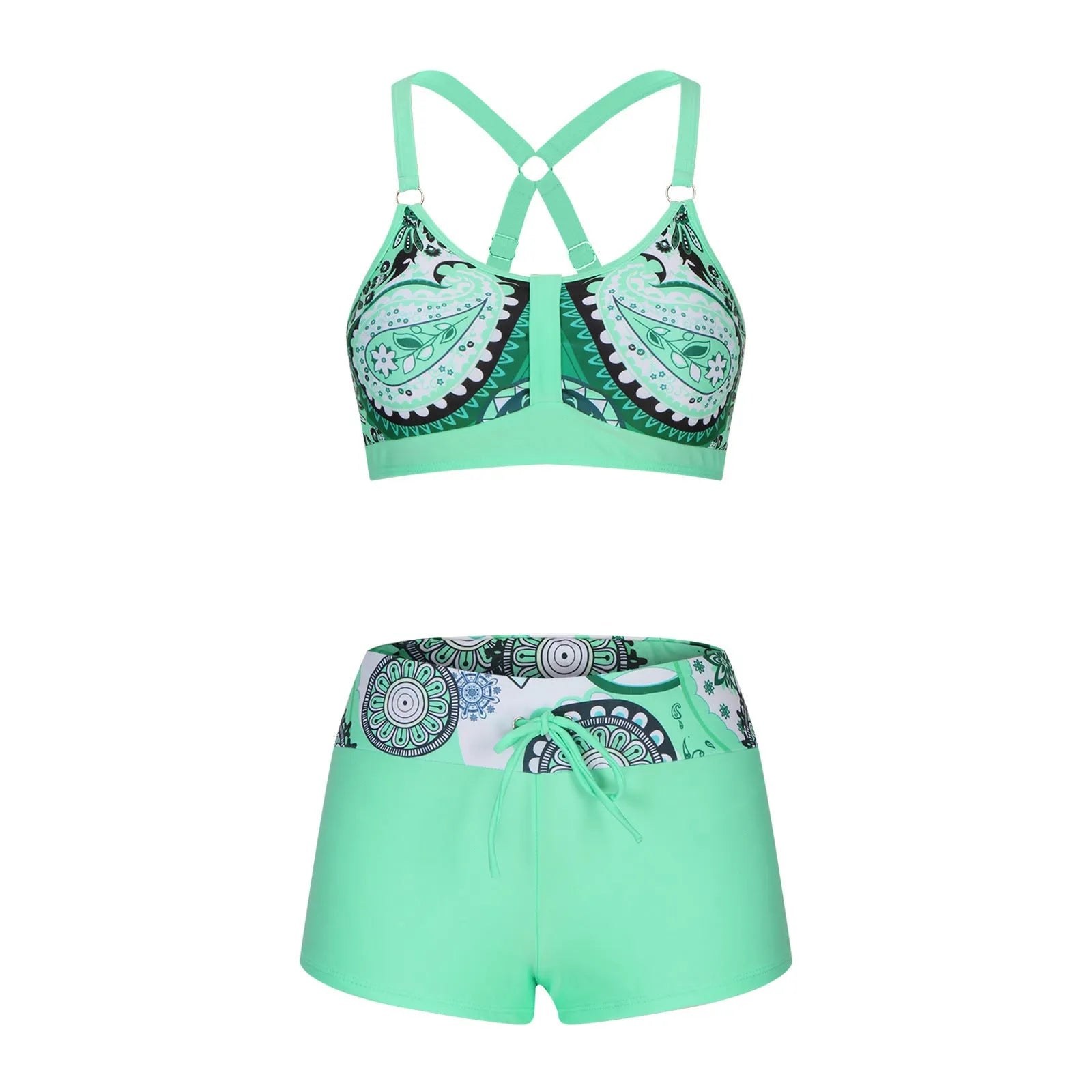 Women's floral print bikini swimsuit set in polyester, shown on a mannequin.