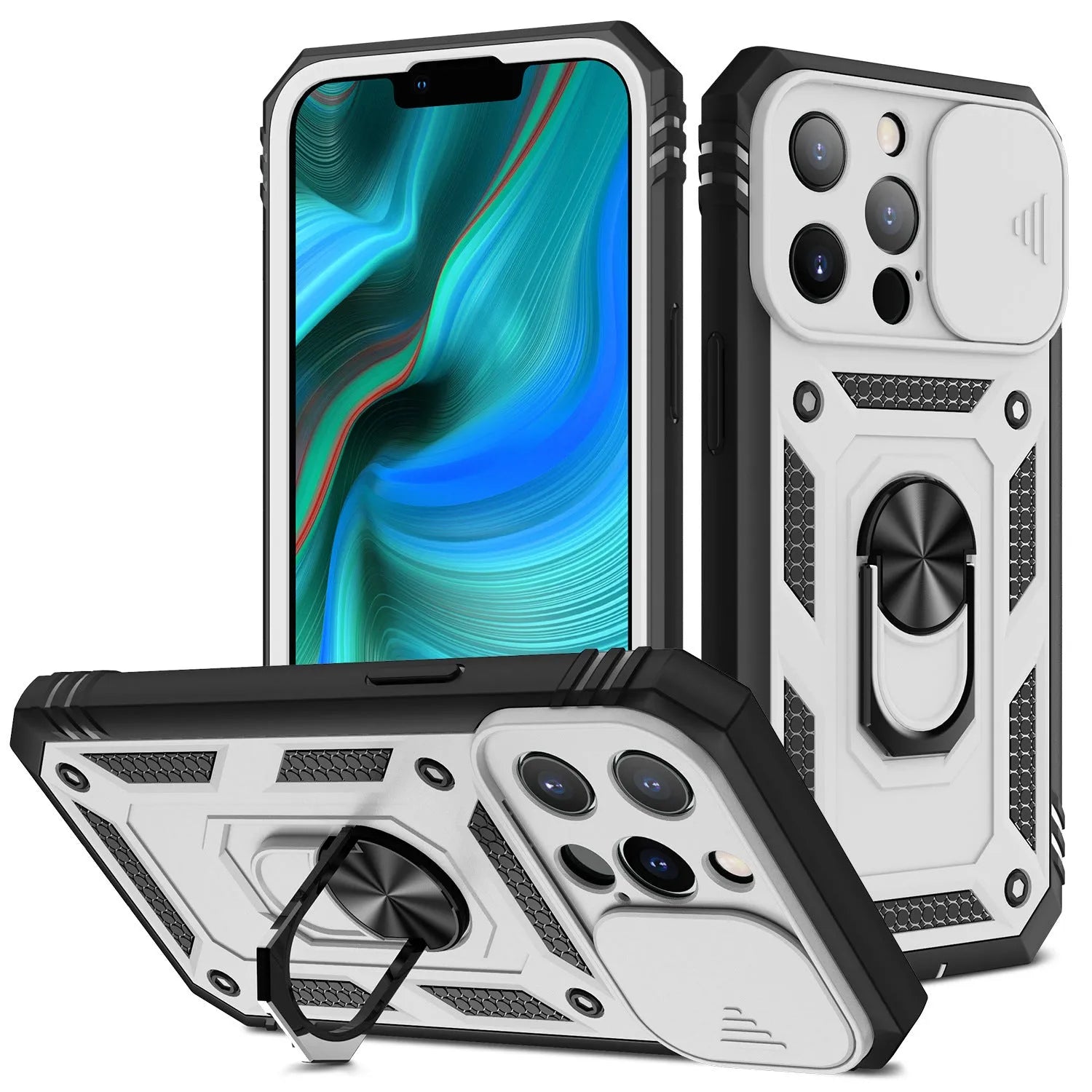 Magnetic mobile phone case with sliding window bracket in sapphire blue and grey green for Apple iPhone