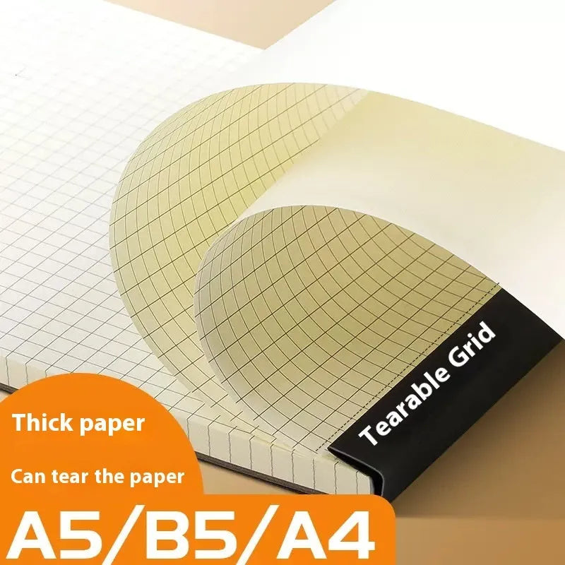 A5, B5, and A4 writing pads with tearable pages in blank, grid, and lined rulings