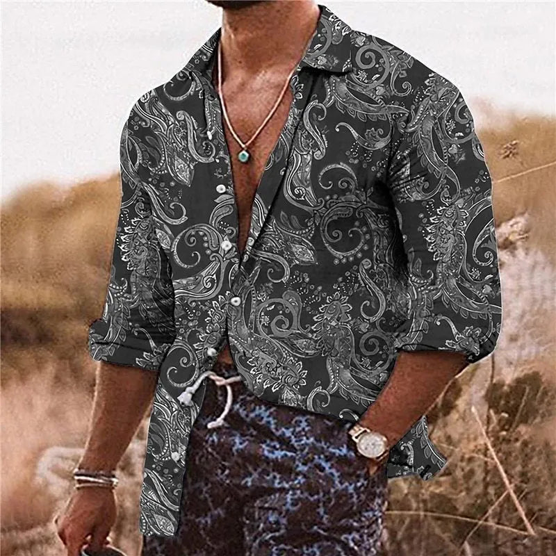 Men's loose fit bohemian style shirt with a detailed 3D floral pattern and long sleeves.