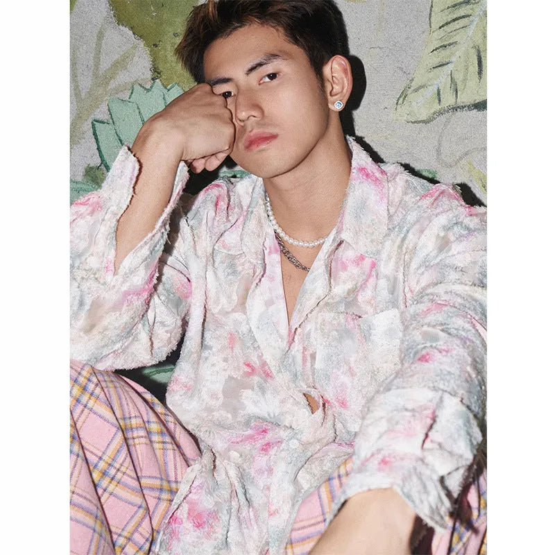 Embossed floral pattern shirt in chemical fibre blend fabric with loose fit and long sleeves