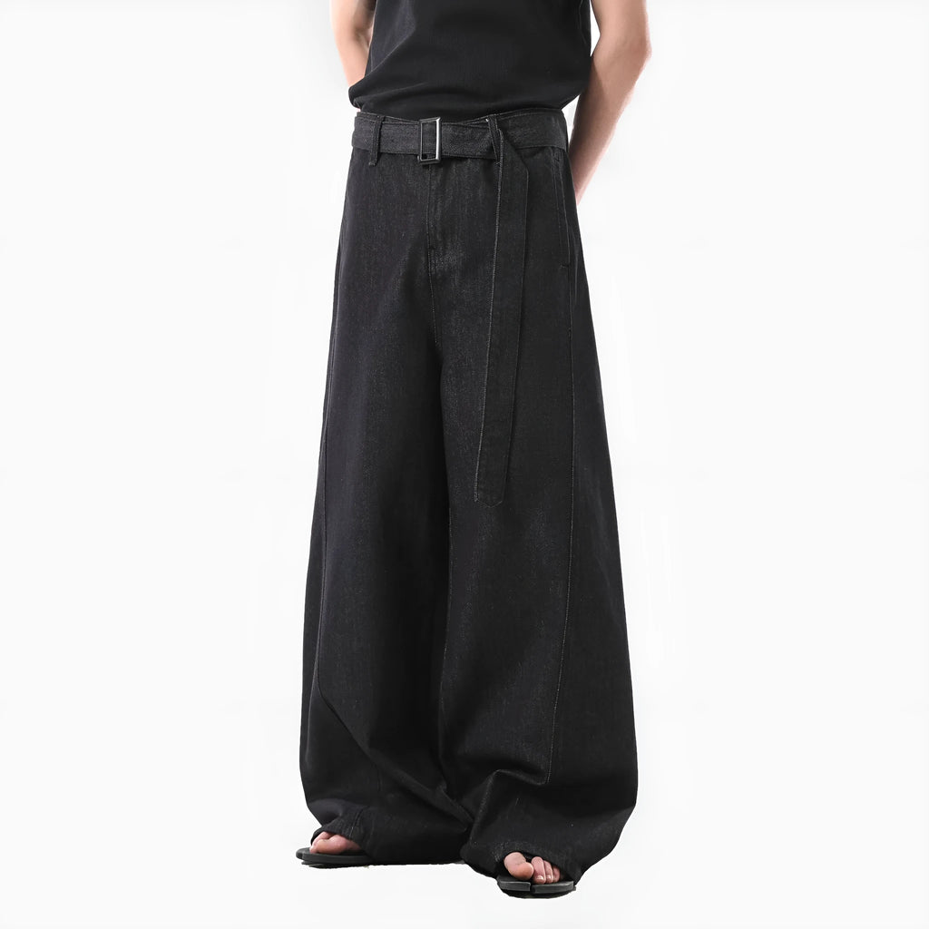 Black gold high-waist straight-leg jeans with zip fly on mannequin