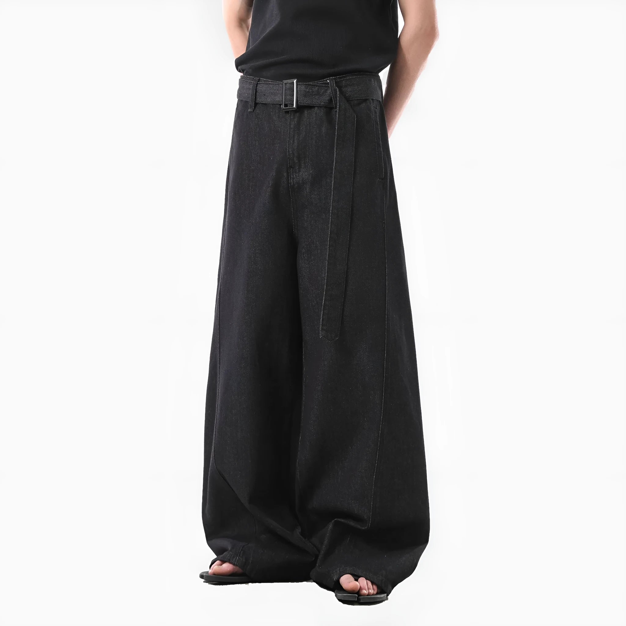 Black gold high-waist straight-leg jeans with zip fly on mannequin