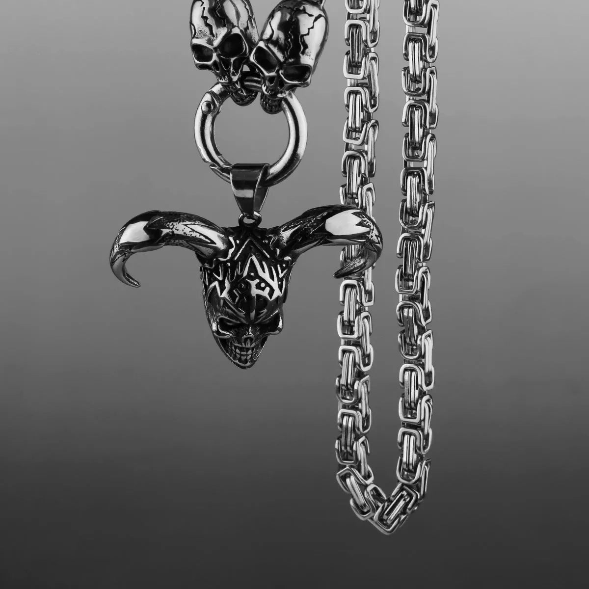 Polished titanium steel skull pendant ghost head chain necklace for men, 50cm length shown