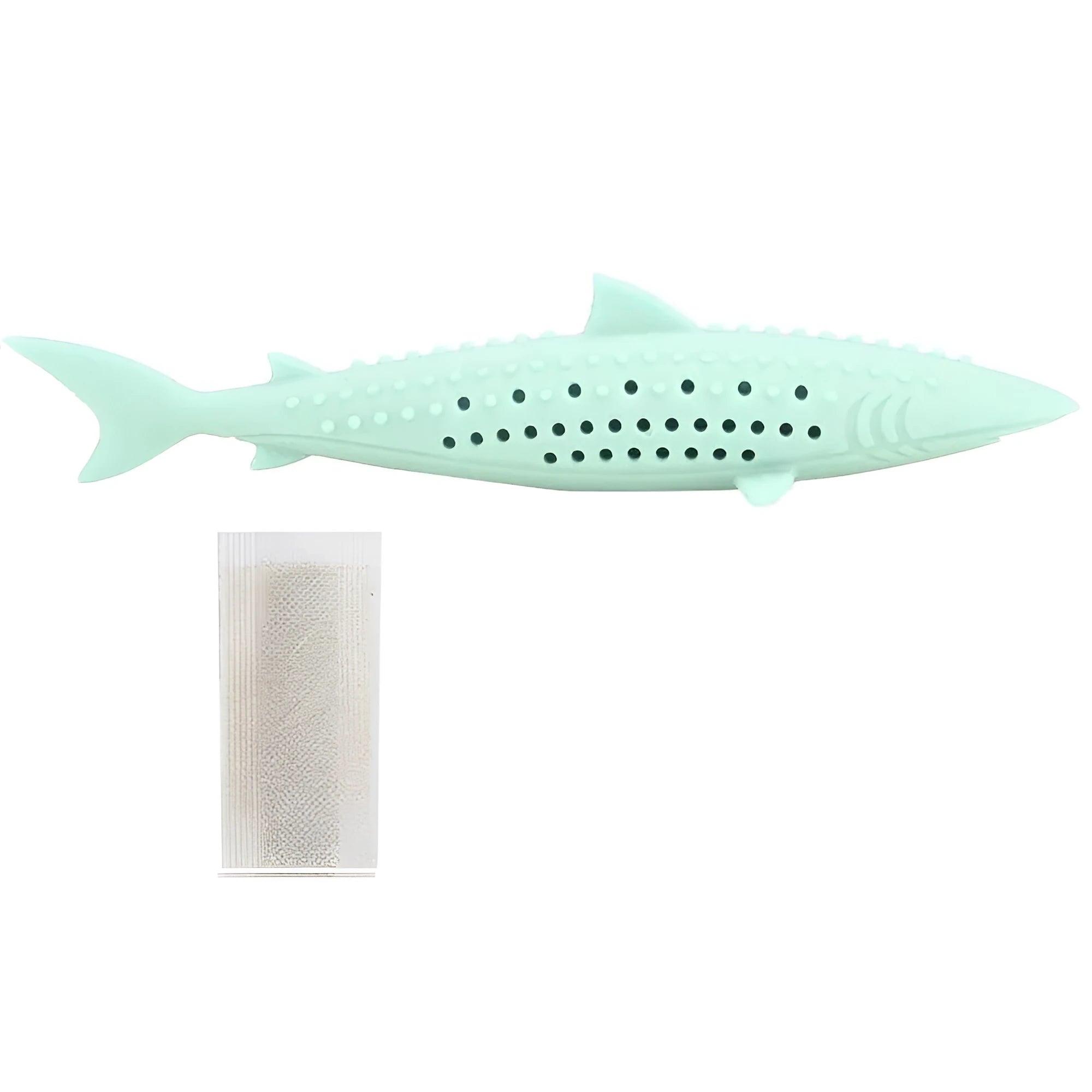 Green silicone fish shaped cat chew toy with breathable side holes on a white background