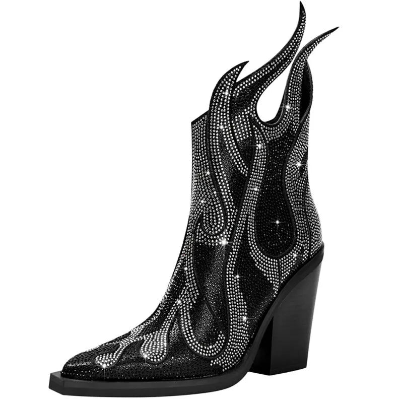 Women's square toe chunky heel rhinestone flame Martin boots in black with side zipper and rubber sole