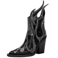 Women's square toe chunky heel rhinestone flame Martin boots in black with side zipper and rubber sole