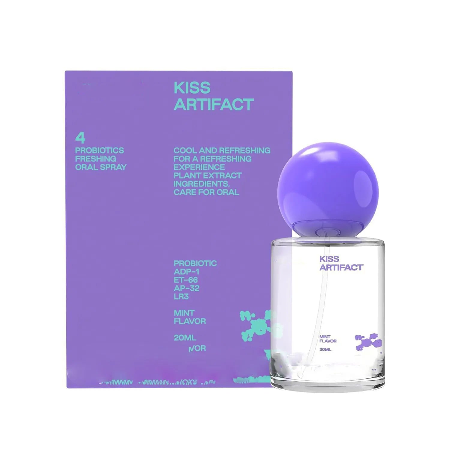 20ml portable oral spray bottle with a white pump head, labelled for probiotics and hydration.