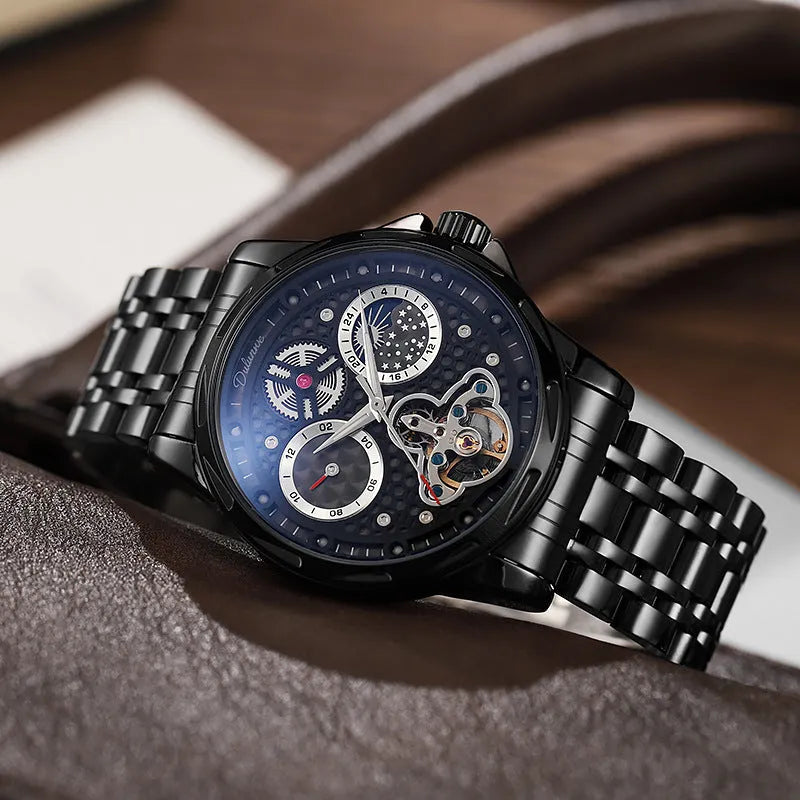 Men's automatic watch with luminous hands in steel case with leather strap option