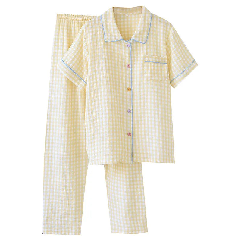 Women's yellow plaid washed cotton gauze short-sleeved top and loose trousers casual outfit set.