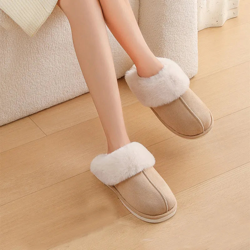 Women's plush indoor slippers with round toe, flat heel, and PVC sole in multiple colour options
