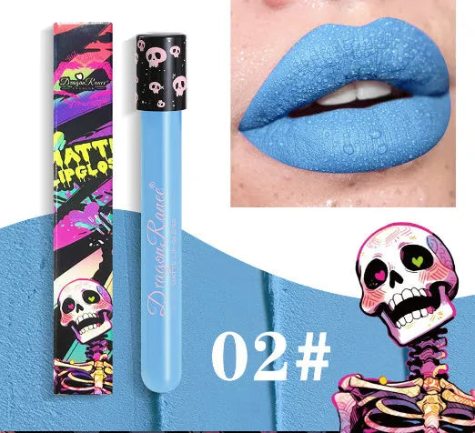 Halloween retro matte lip gloss in test tube skull packaging showing gold silver colours
