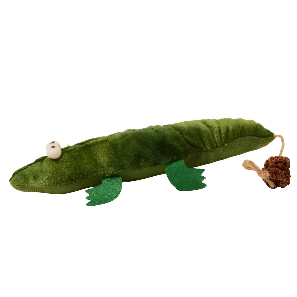 Green plush alligator cat toy with catnip filling and peppermint scent for oral cleansing
