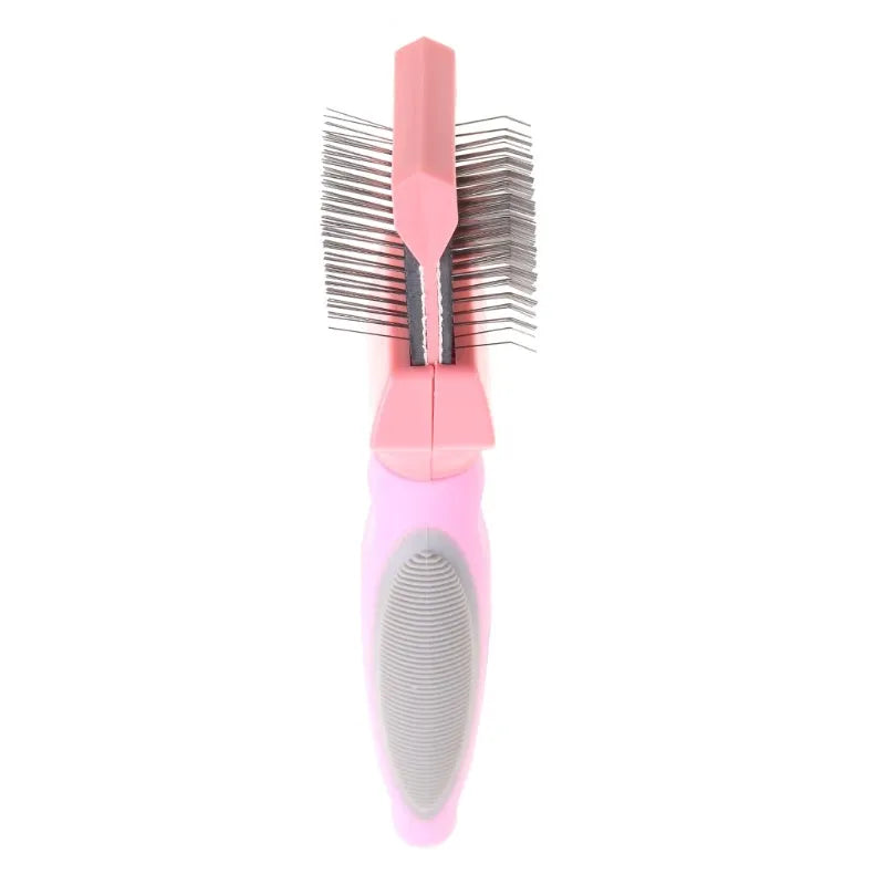 Double-sided pet brush showing stainless steel pins on one side and soft bristles on the other, with blue handle.