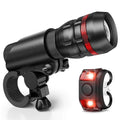Bicycle light set showing a white-fronted torchlight, a red taillight, and a handlebar mounting bracket.