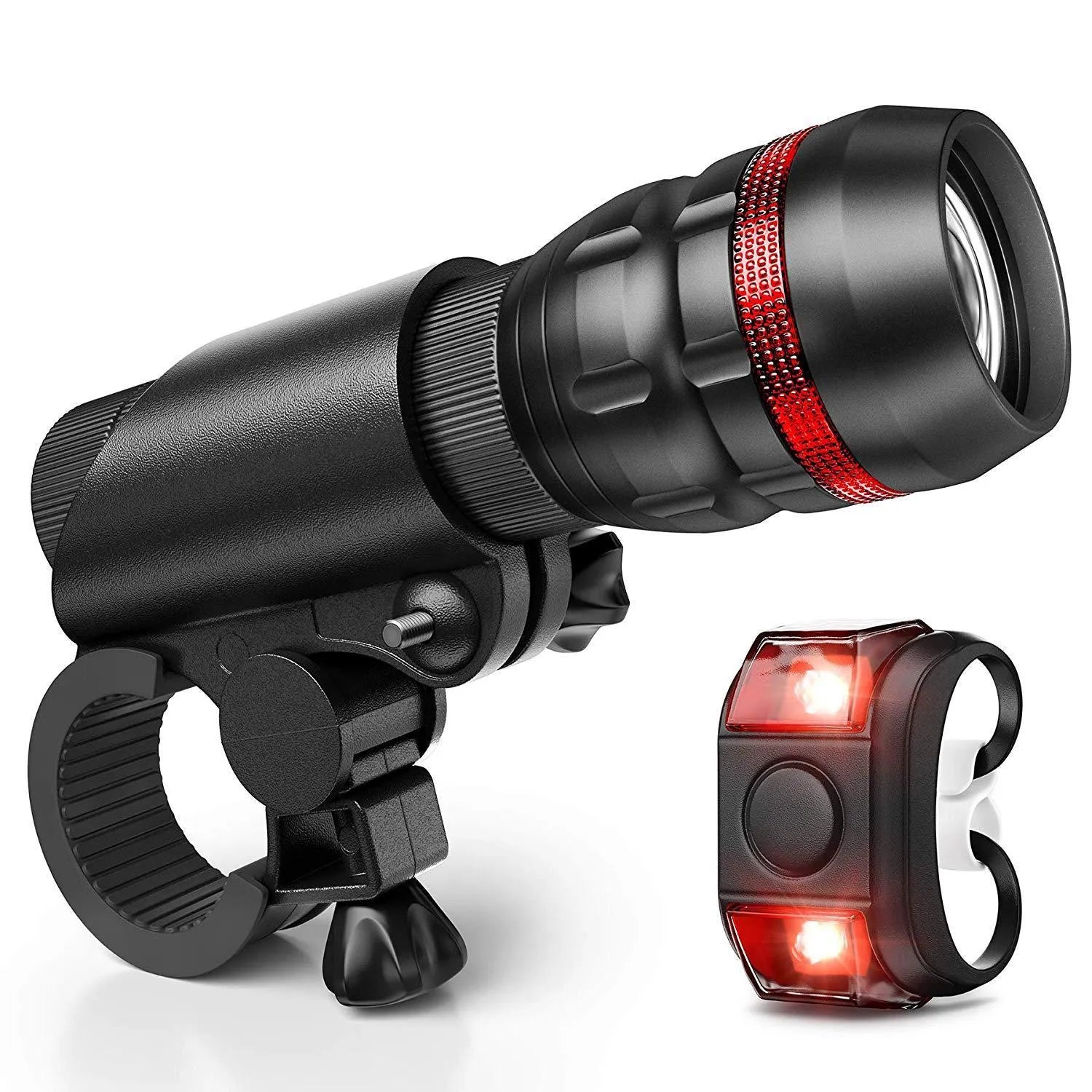 Bicycle light set showing a white-fronted torchlight, a red taillight, and a handlebar mounting bracket.