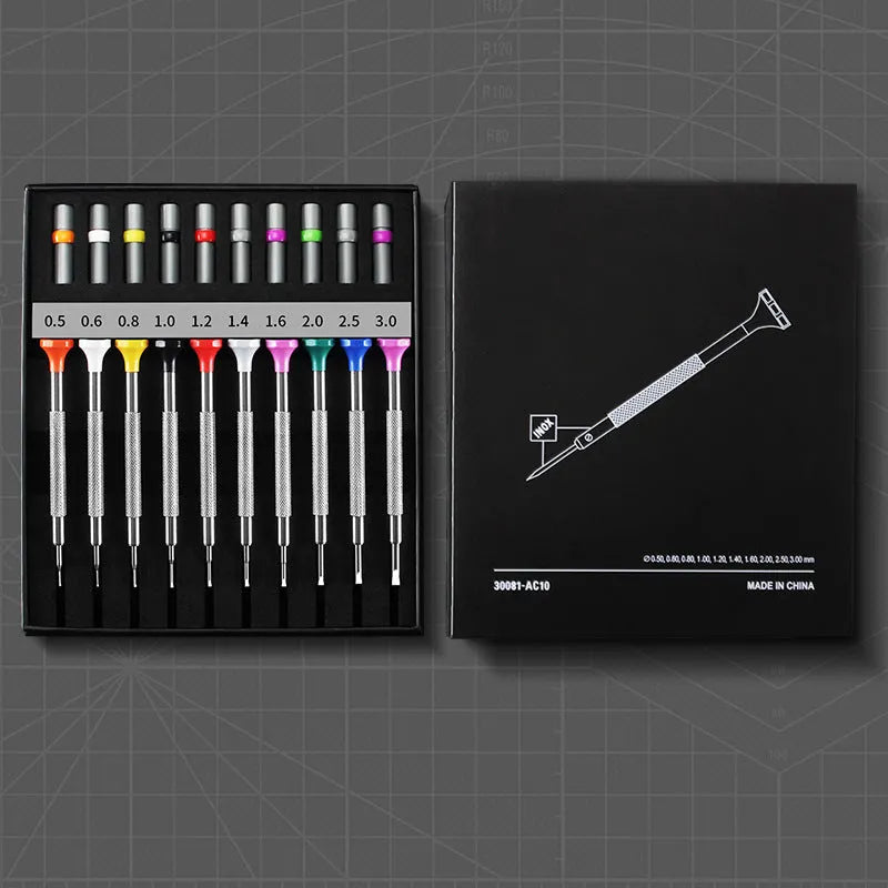 Ten-piece manual screwdriver repair set with twenty spare bits for watch and glasses maintenance