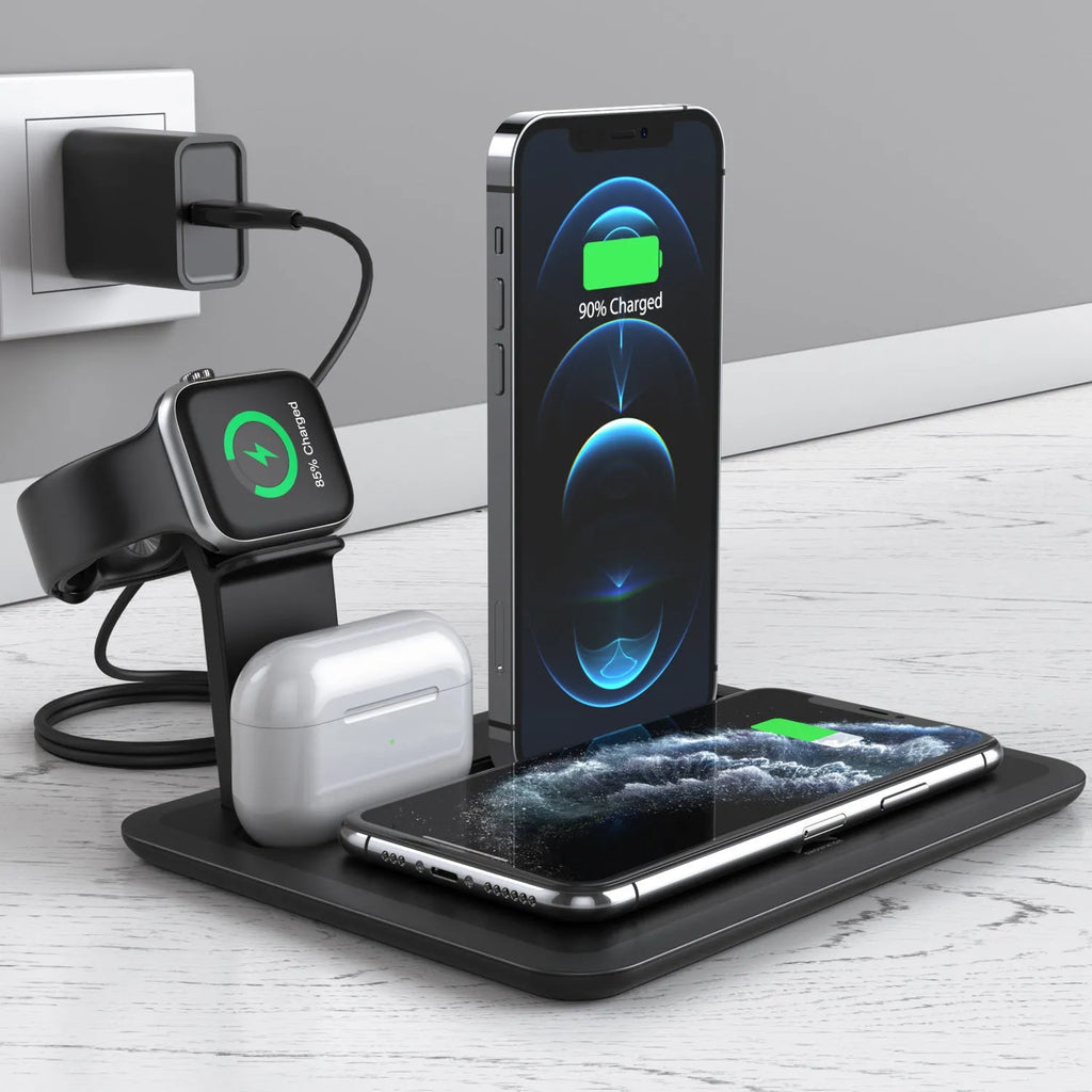 Black wireless charging desktop station with phone bracket, headphone dock and watch charging port