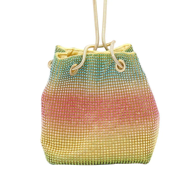 Rainbow rhinestone bucket bag with all-over diamond decoration and soft fabric texture