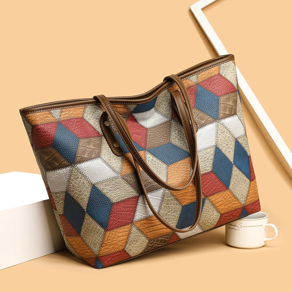 Women's PVC large capacity shoulder handbag with sandwich pocket outer design in blue brown colour