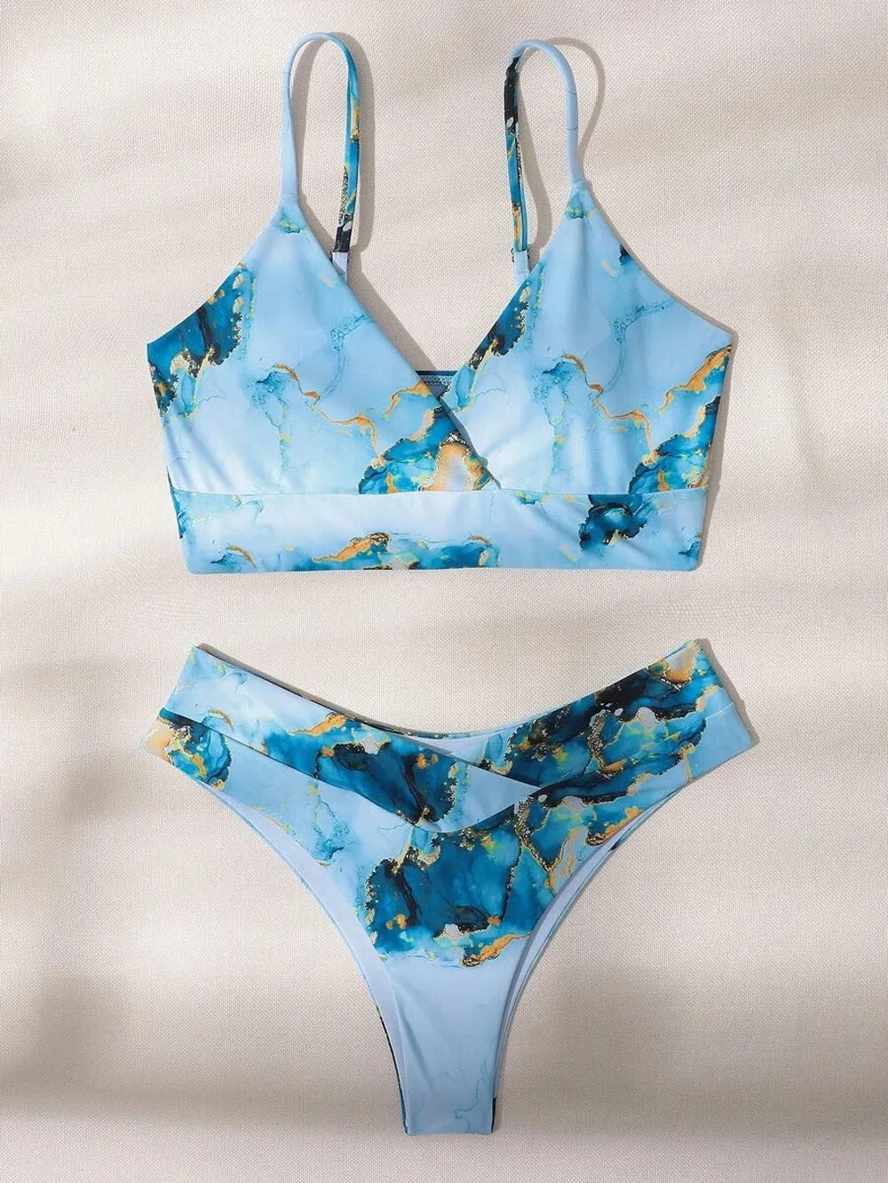 Women's high-waist marble tie-dye print bikini set with U-neck top.