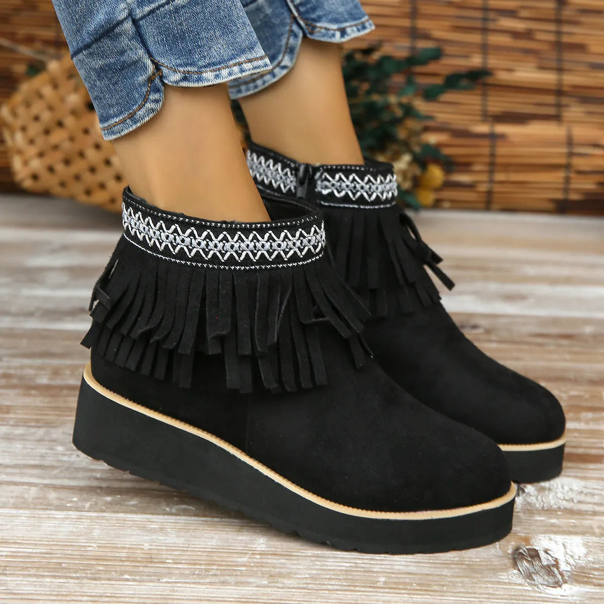 Women's suede wedge ankle boots with side zip and waterproof platform in three colour options