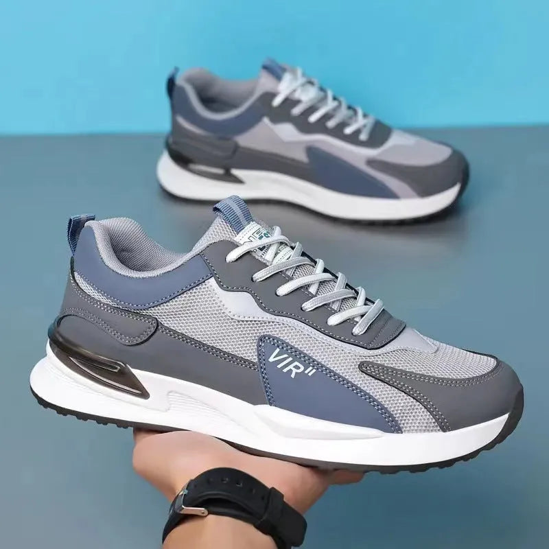Men's colour block mesh lace-up sneakers in grey on a white background