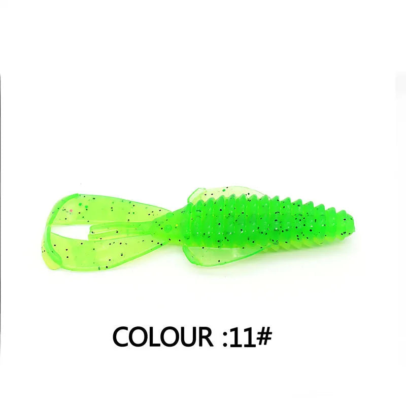 PVC fishing soft bait lure in various colours showing 8cm and 12cm size options